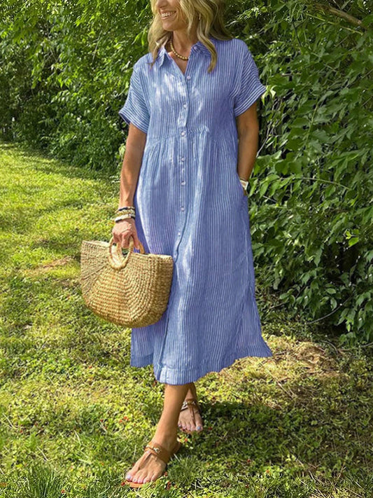 NEW🔥Striped Lapel Button Down Shirt Dress | With Functional Pockets