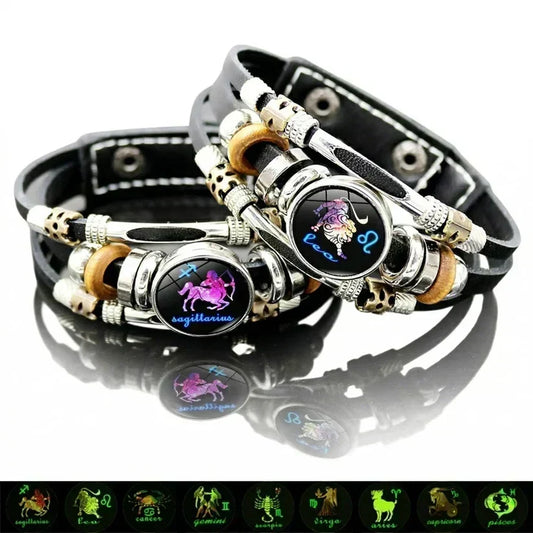 🎉 2026 Sale — Over 21 300 Sold!💖 Glow‑in‑the‑dark Leather Zodiac Sign Bracelet