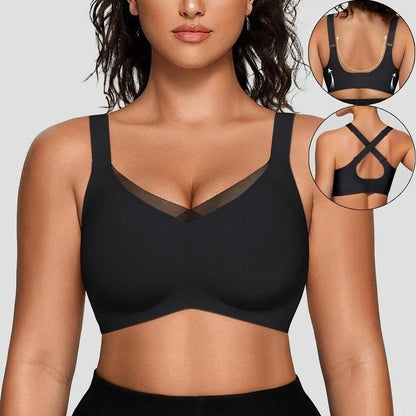 🎉🏆️Flash Sale⚡2025 New-💥🏆️Women Wireless V Neck Crossover Mesh Bras Comfortable Bralette Supportive Tshirt Bra No Underwire Seamless Push Up Everyday Bras