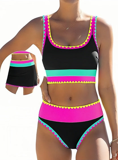 👙Last Day Sale 50% OFF🌈💃Color Block Patchwork Sporty 3-Piece Bikini Set - High Waisted & Tummy Control Swimsuit👙