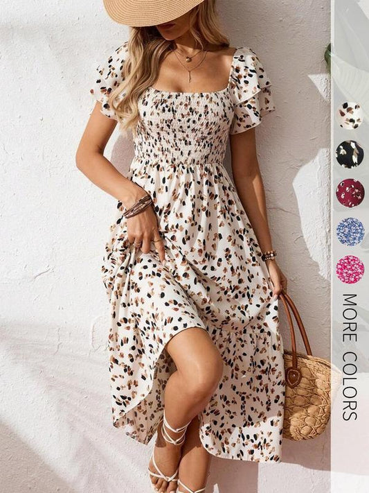 🌈2026 Summer Hot Sale 50% OFF!✨Square Neck Floral Midi Dress – Smocked Bodice, Flowy Tiered Skirt, Romantic🌸