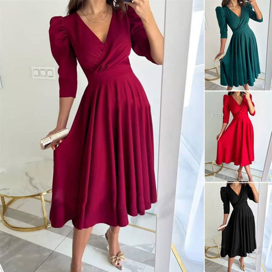 🌸Spring Specials💐 Women's V-Neck Pleated Waist-slimming Midi Dress