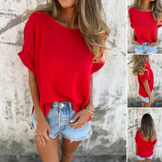 Solid Color Round Neck Short Sleeve Top