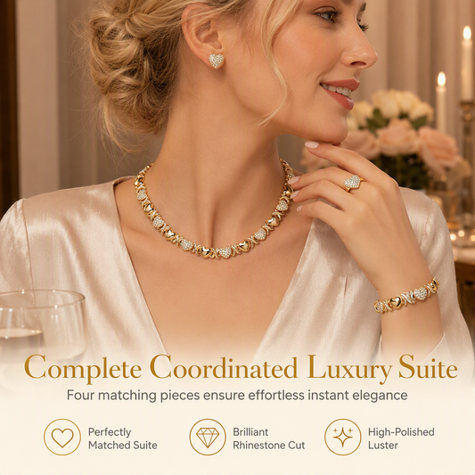 🥳2026 HOT SALE🥳💞50K+ SOLD!💍 50% OFF!💎Gold Plated Heart Shaped Rhinestone Jewelry 4-Piece Set with Necklace Earrings Bracelet and Ring