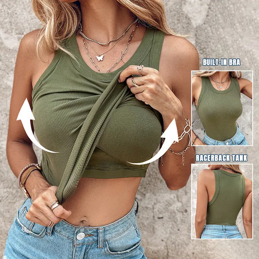 💓Summer Special Price ￡8.99!!🏖️Ribbed Stretchy Tank Top with Shelf Bra